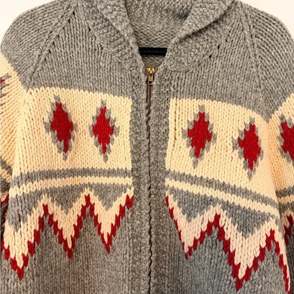 Gray Shawl Collar Zip Sweater with Red and Cream Pattern - Picture 2 of 8